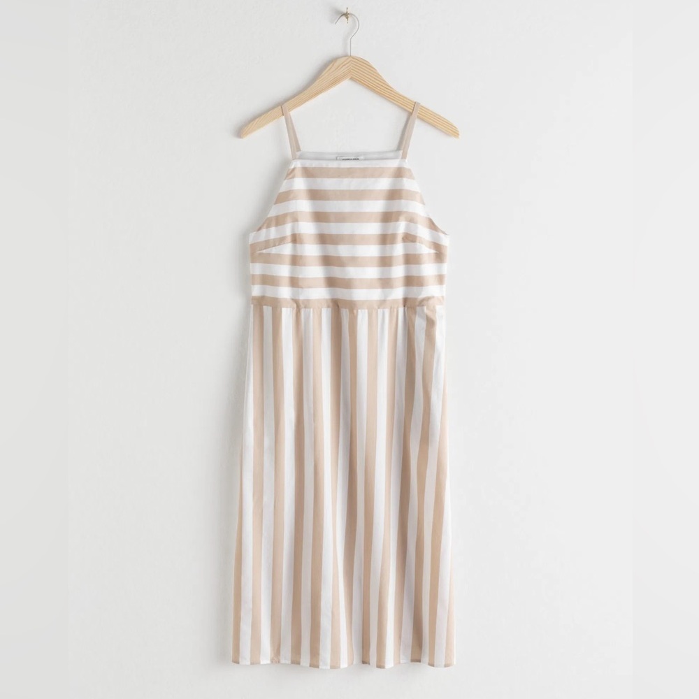 & Other Stories | Striped Cotton Midi Dress in Beige and White Neutrals - Size 8